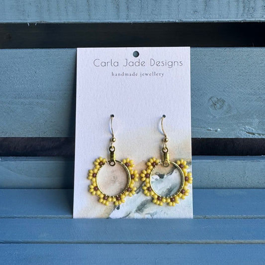 Flower Hoop Earrings - Yellow & Brown Sunflower