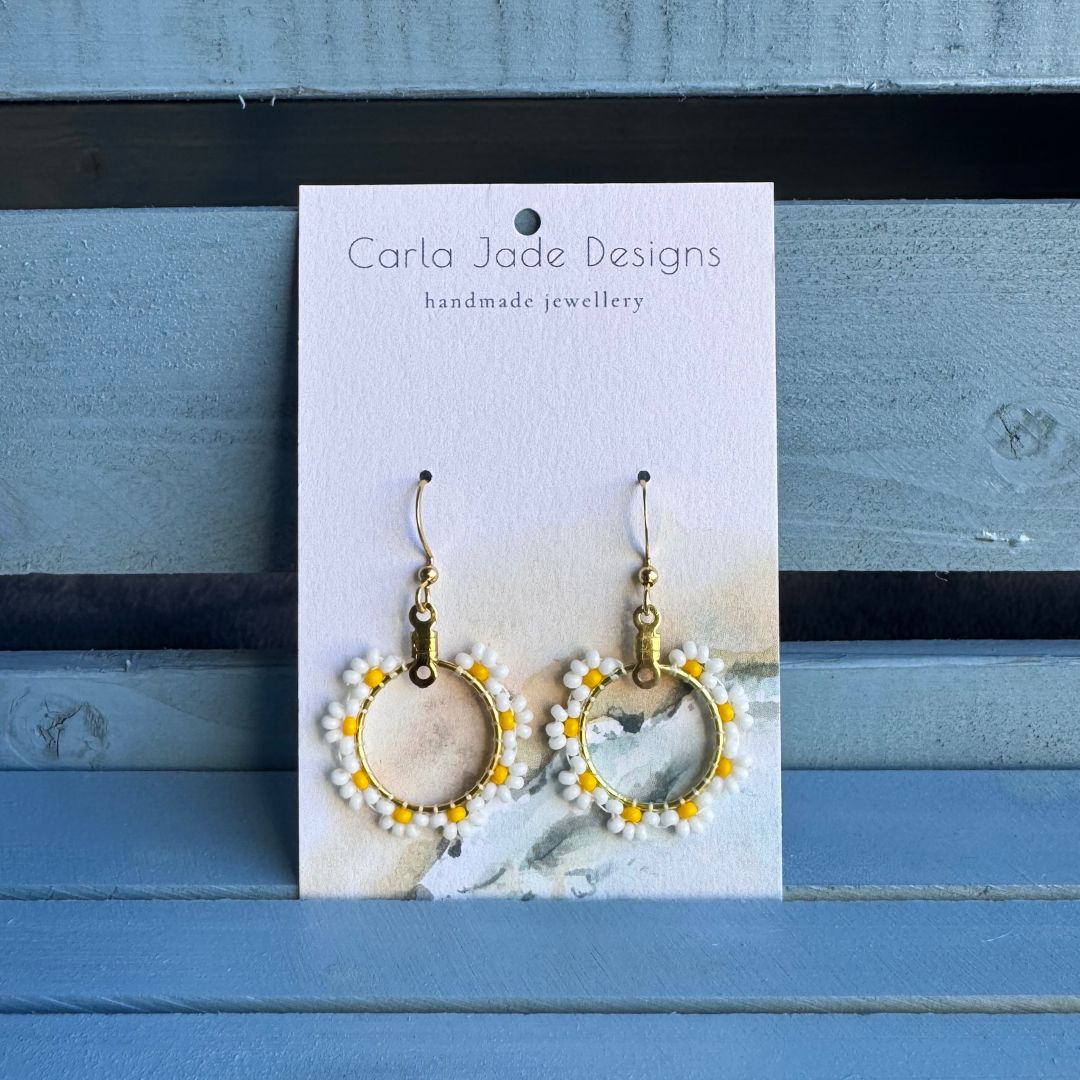 Flower Hoop Earrings - Yellow & White