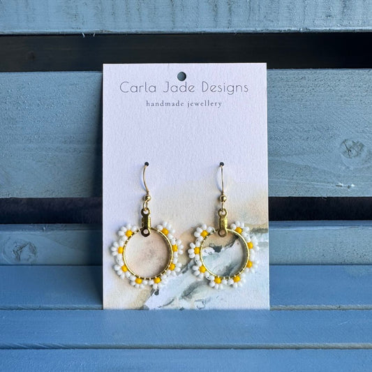 Flower Hoop Earrings - Yellow & White