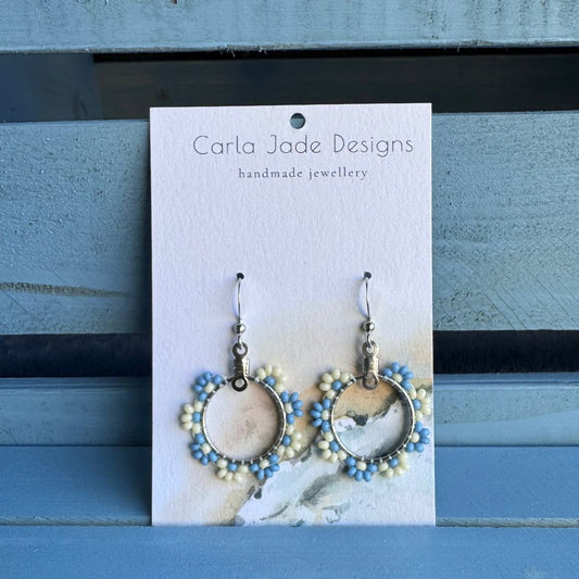 Flower Hoop Earrings - Light Blue and Bone