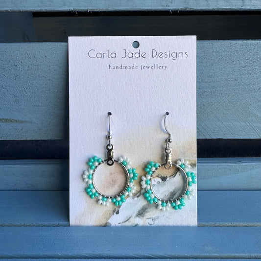 Flower Hoop Earrings - Turquoise & White Pearl