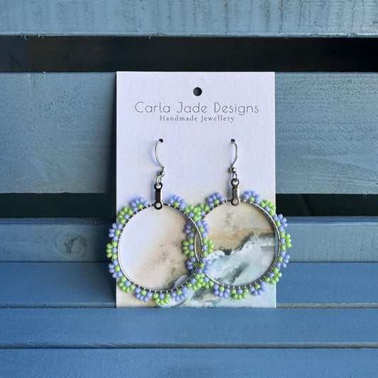 Flower Hoop Earrings - Green & Purple