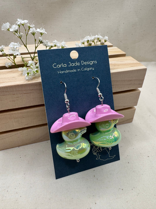 Howdy Duck Earrings - Pink & Green
