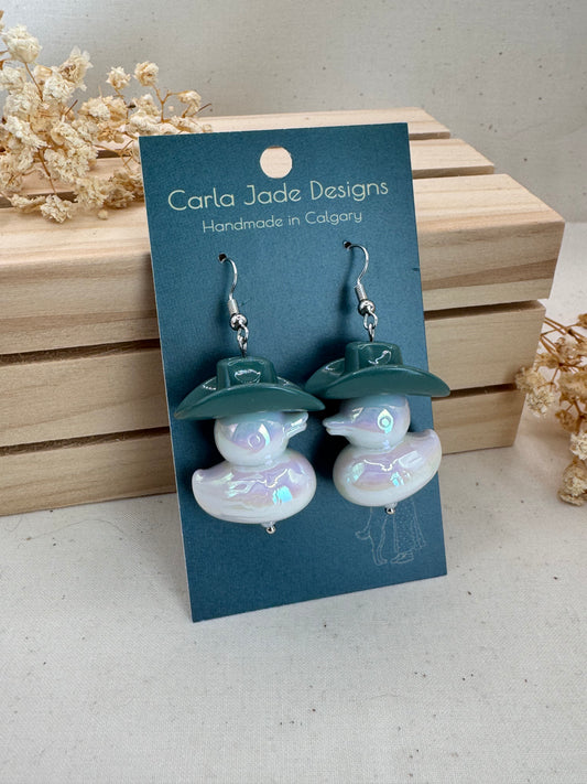 Howdy Duck Earrings - Dark Green & White handmade in Calgary by Carla Jade Designs