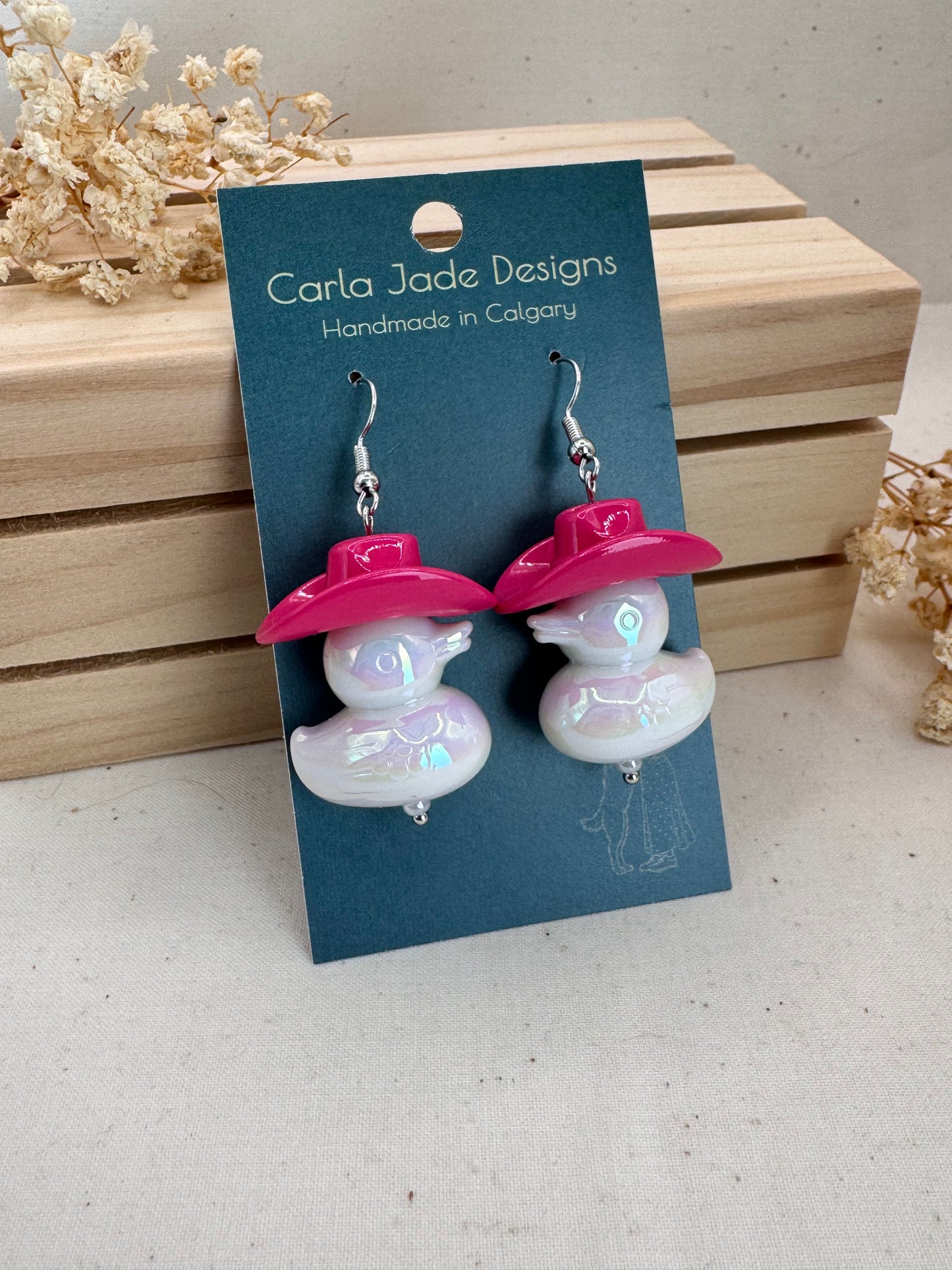 Howdy Duck Earrings - Dark Pink & White