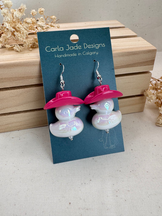 Howdy Duck Earrings - Dark Pink & White handmade in Calgary by Carla Jade Designs