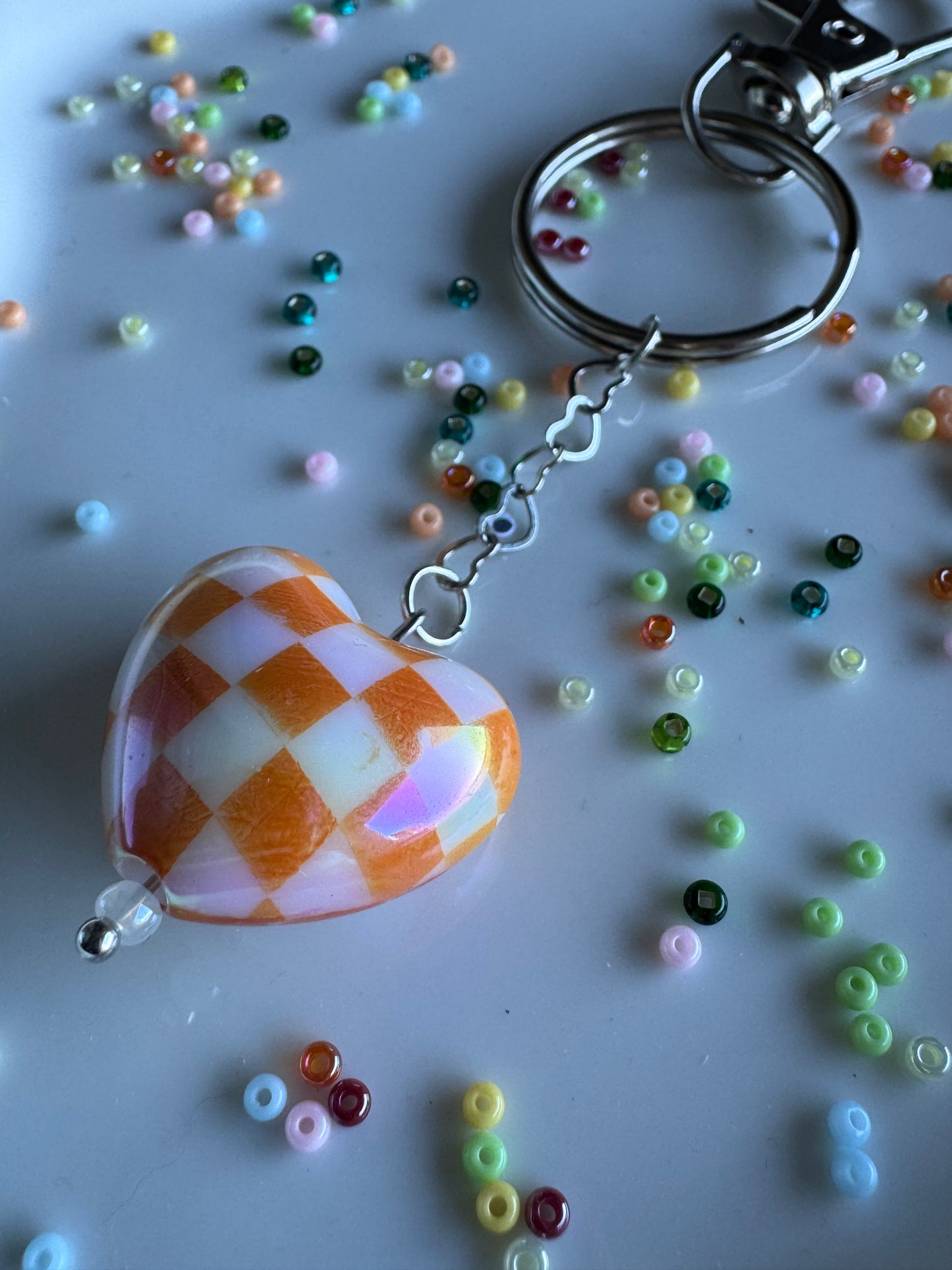 Key Ring - Heart - Orange Checkered