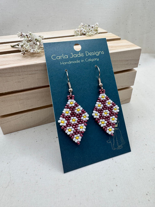 Flower Diamond Earrings - Maroon, White and Yellow