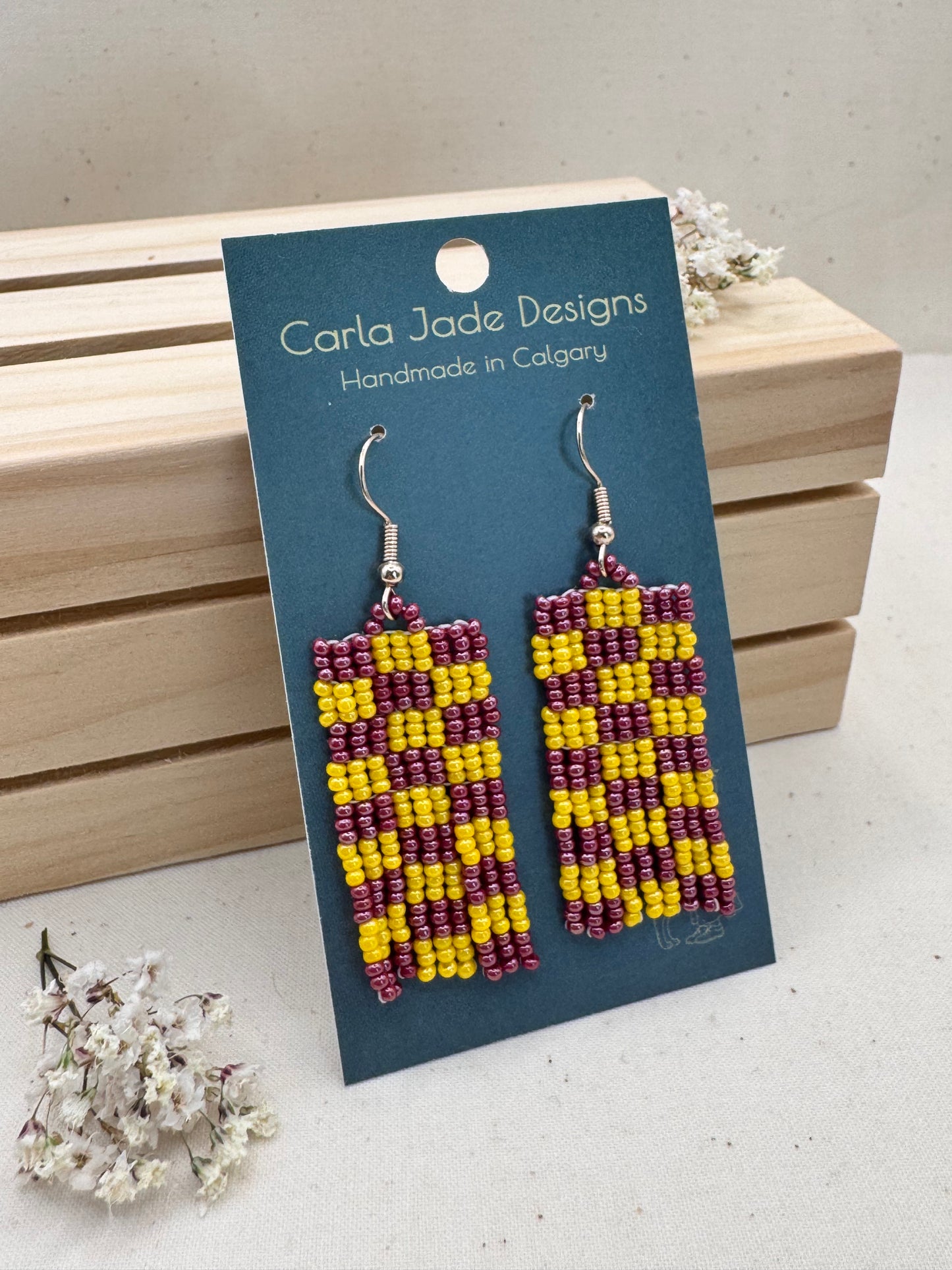 Checkered Earrings - Maroon and Yellow