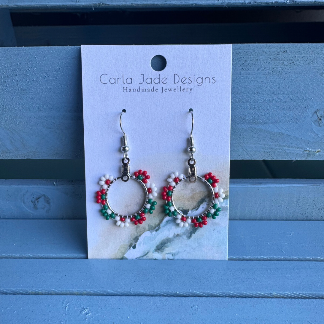 Flower Hoop Earrings - Red, Green and White