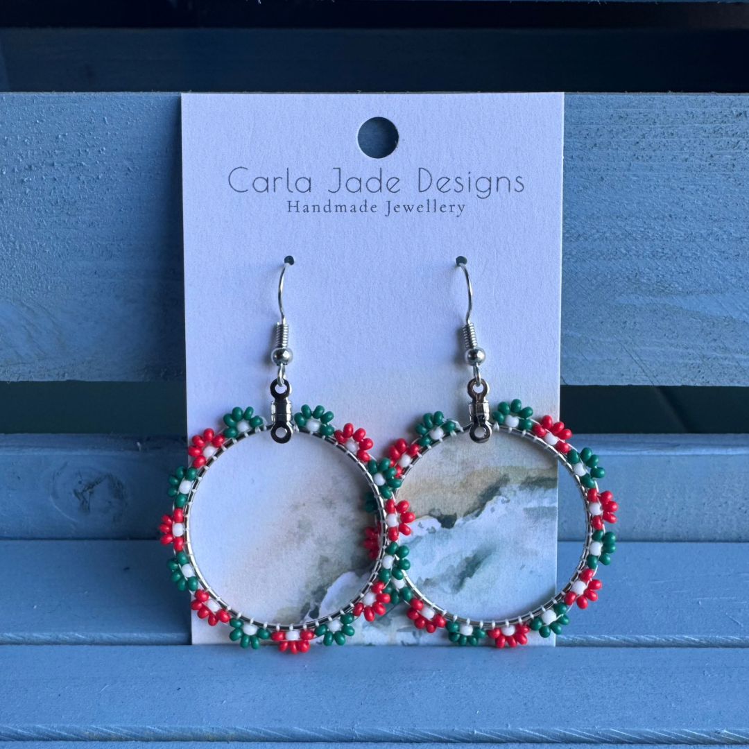 Flower Hoop Earrings - Red, Green and White