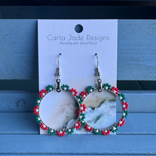 Flower Hoop Earrings - Red, Green and White