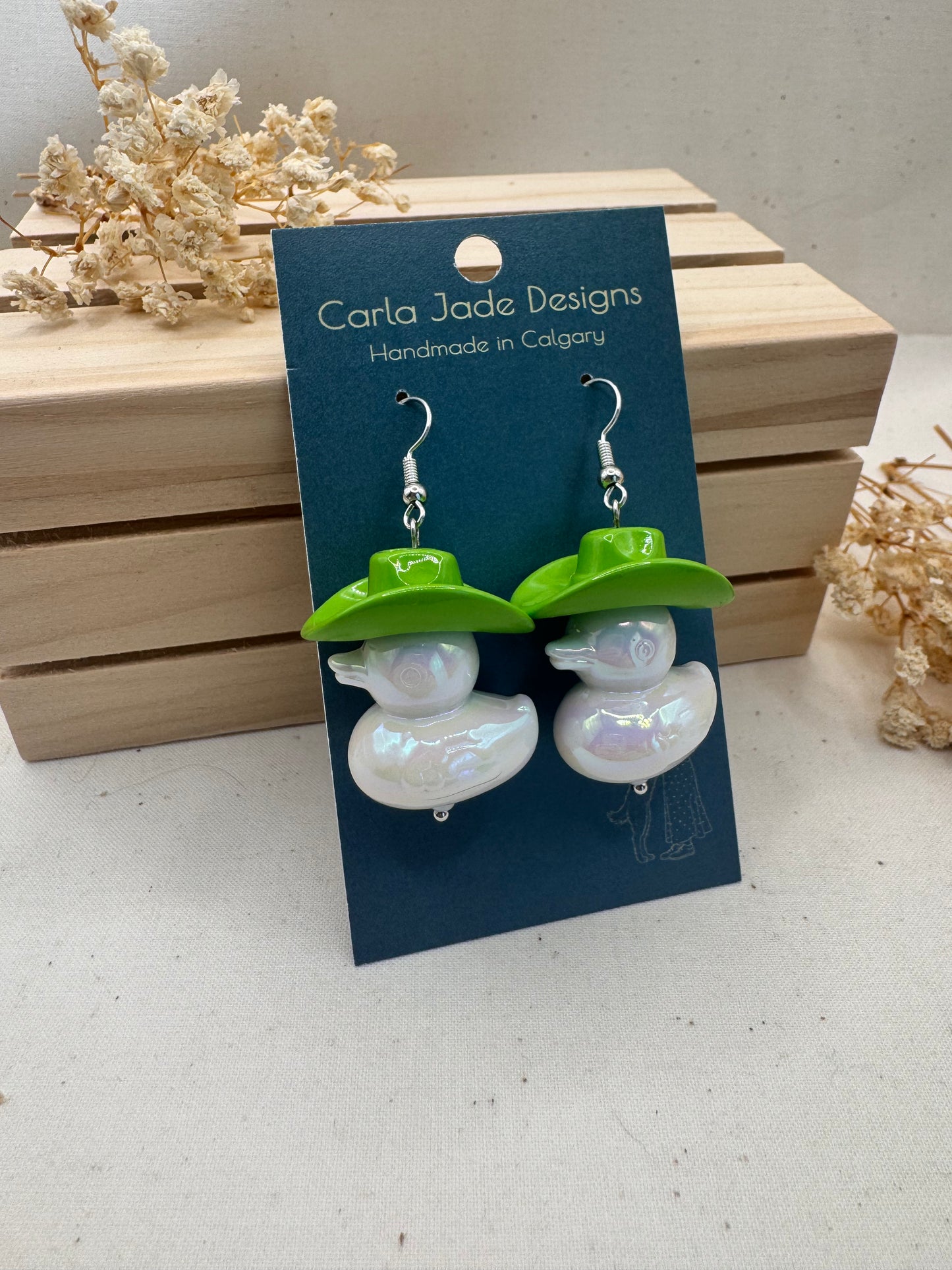 Howdy Duck Earrings - Lime Green & White