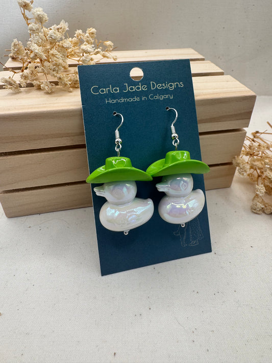 Howdy Duck Earrings - Lime Green & White