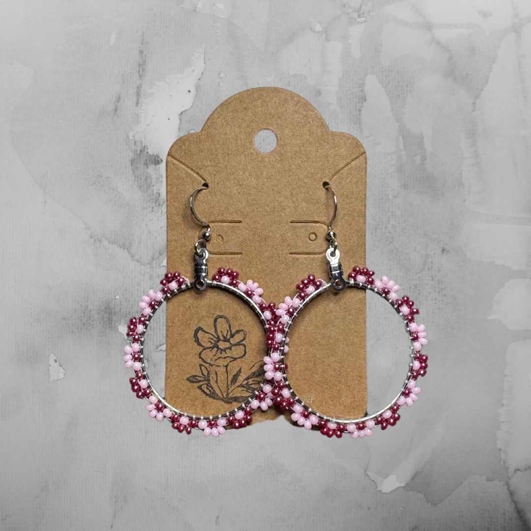 Flower Hoop Earrings - Pink & Maroon