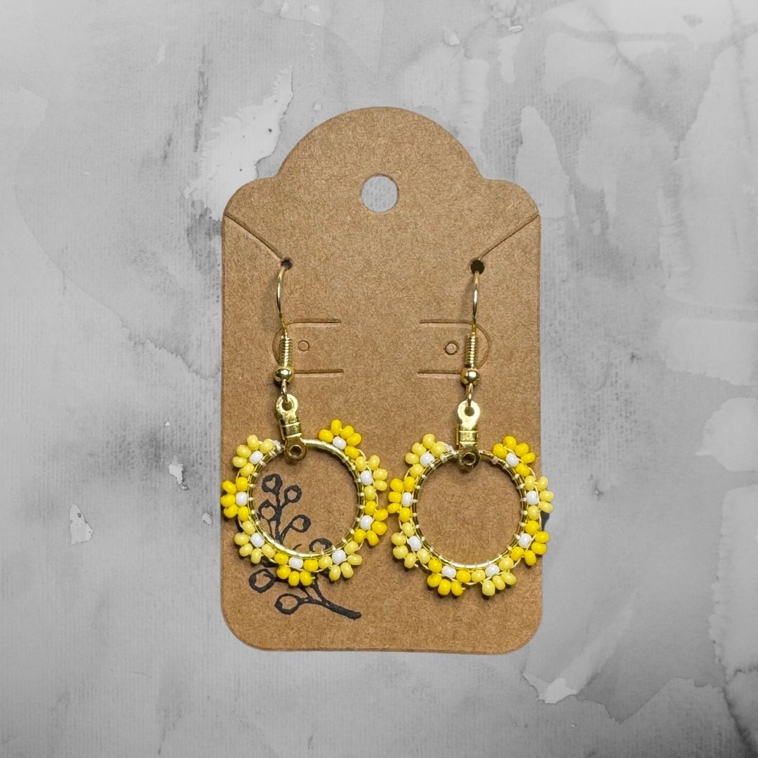 Flower Hoop Earrings - Yellow and White