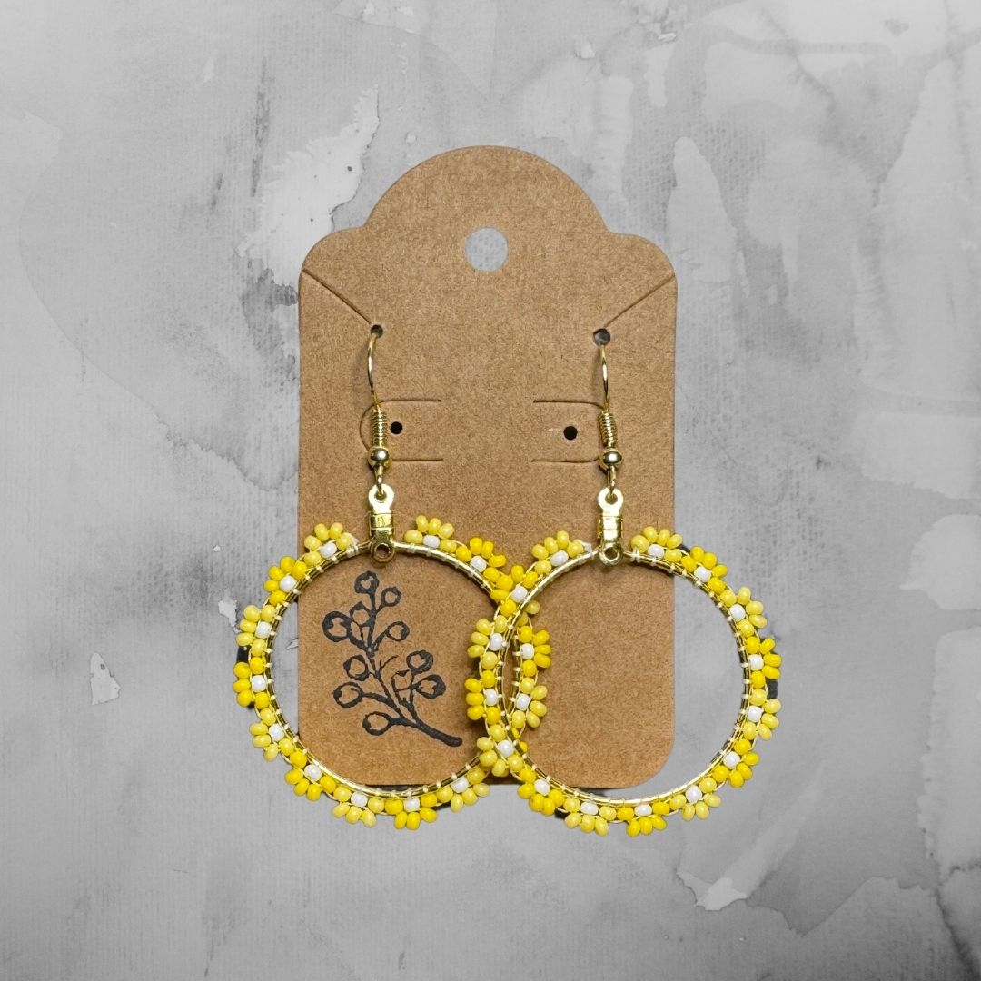 Flower Hoop Earrings - Yellow and White