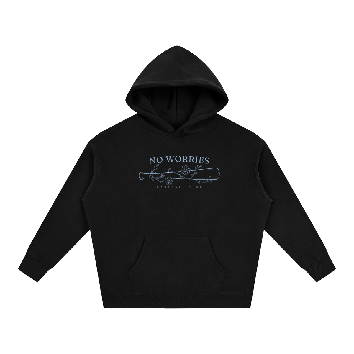 No Worries Baseball Club oversized hoodie – Black hoodie with Powder Blue design, front view