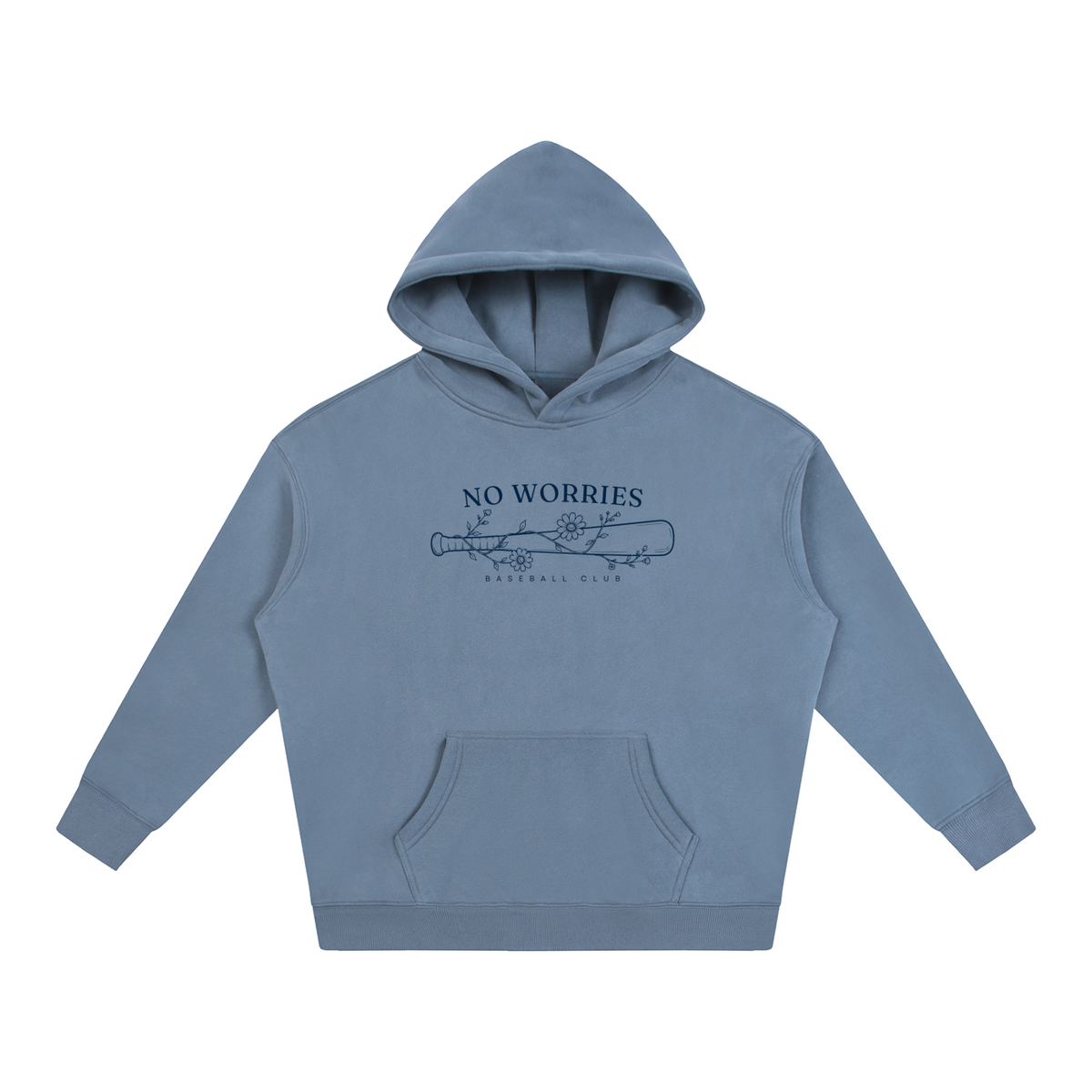 No Worries Baseball Club oversized hoodie – Jeans Blue hoodie with Navy design, front view