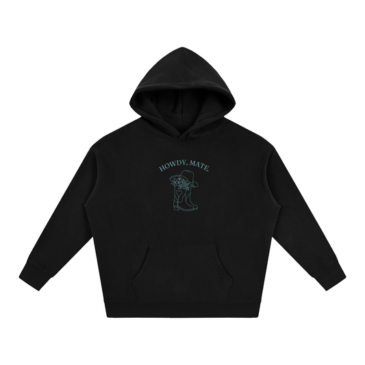 Howdy, Mate unisex oversized hoodie with lagoon artwork in Oat Gray – product view