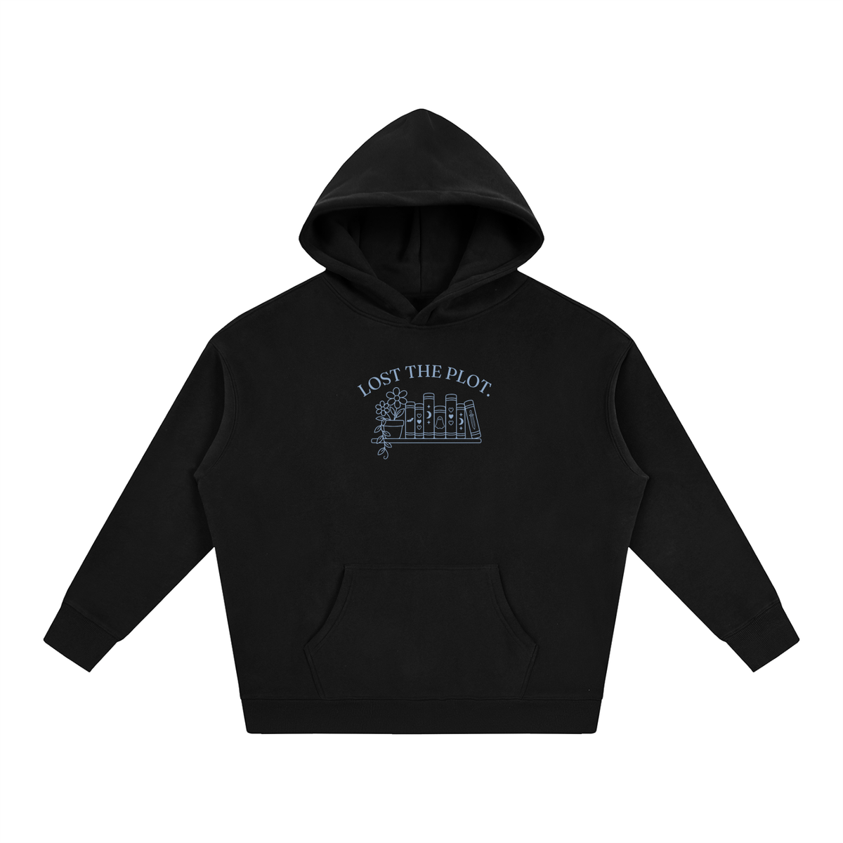 Lost the Plot oversized hoodie – Black hoodie with Powder Blue design, front view