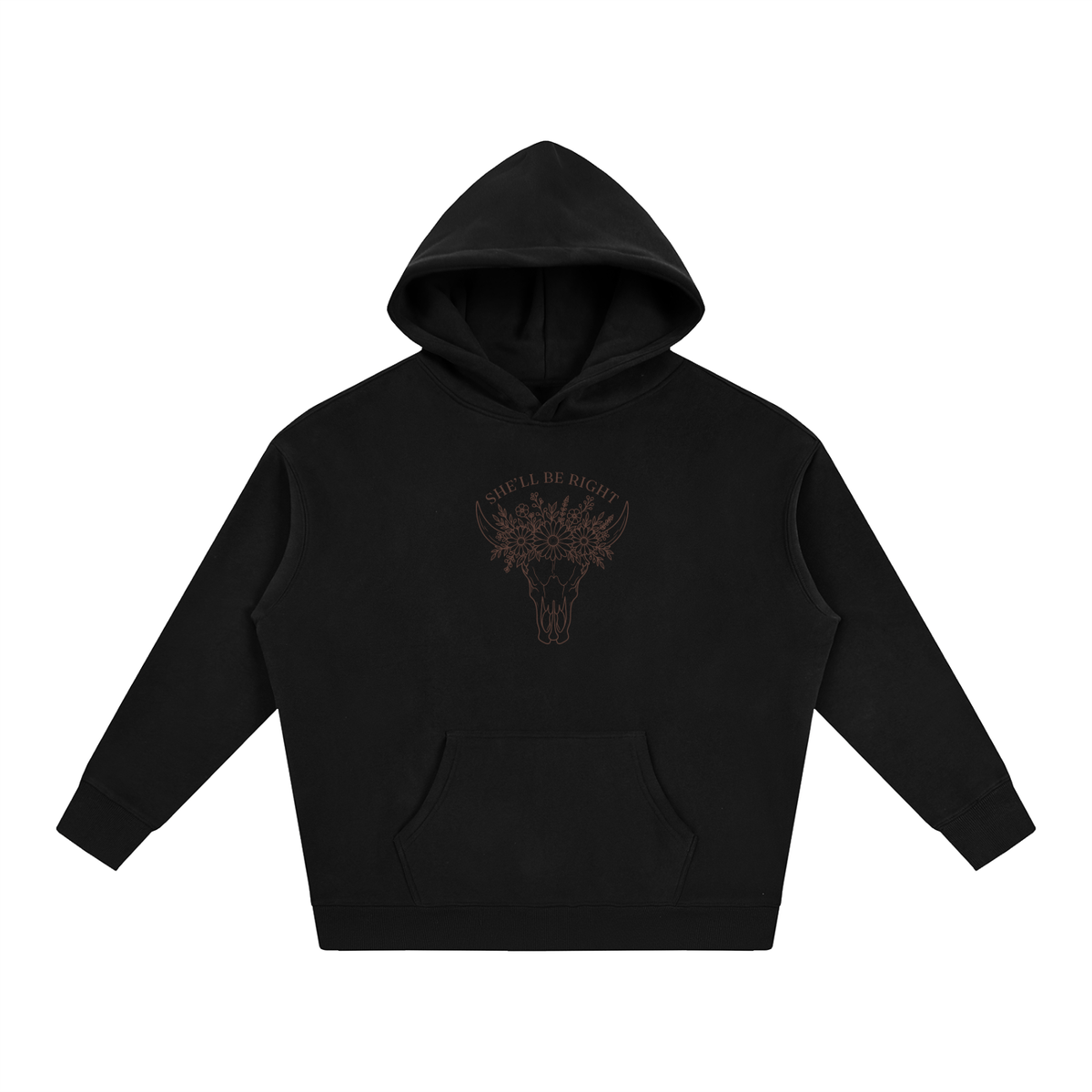 She’ll Be Right oversized hoodie – Black hoodie with Espresso design, front view