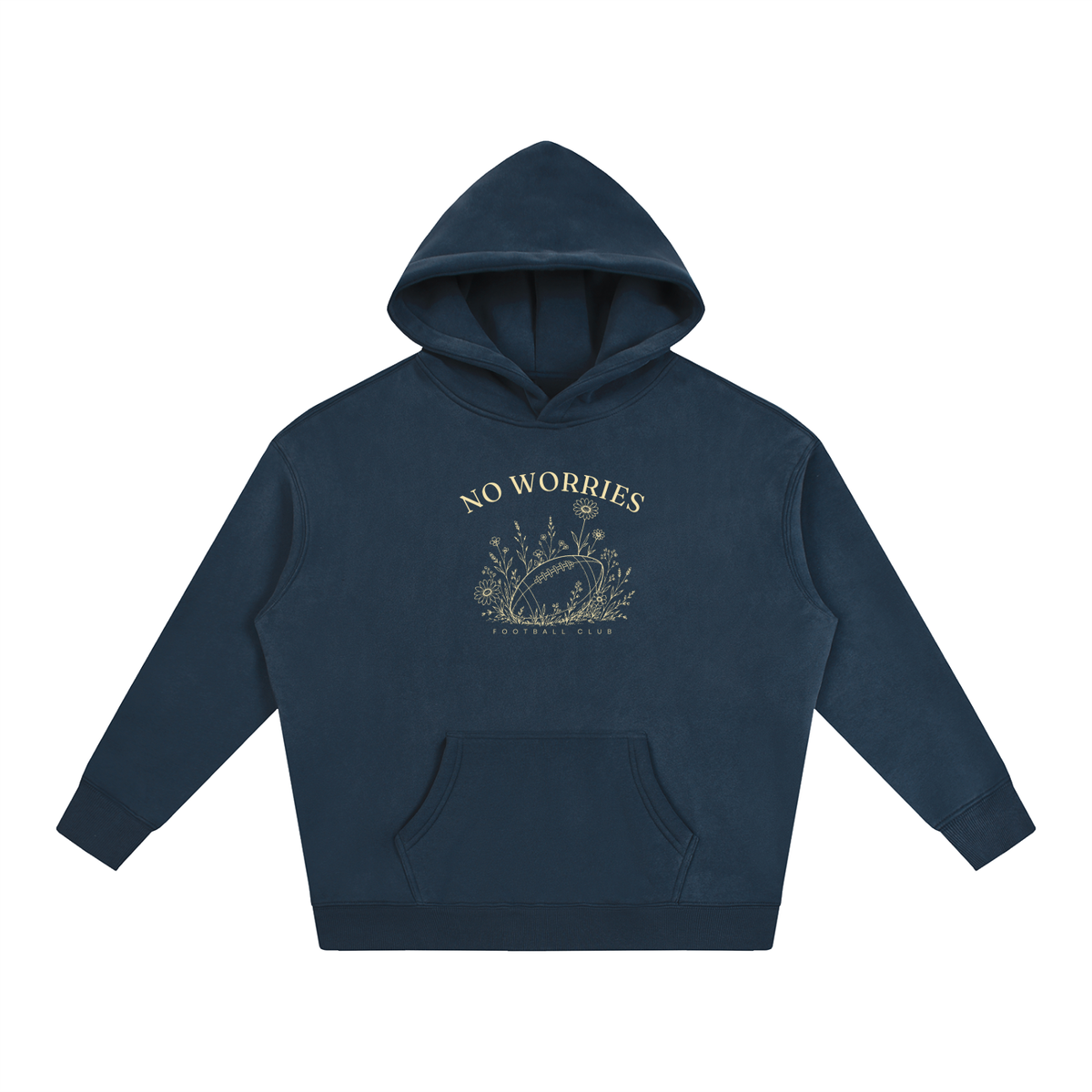 No Worries Football Club oversized hoodie – Navy Blue hoodie with Buttercream design, front view