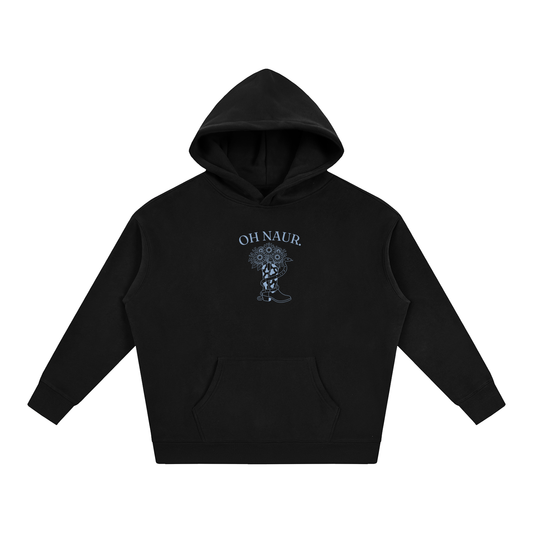 Oh Naur oversized hoodie – Black hoodie with Powder Blue design, front view