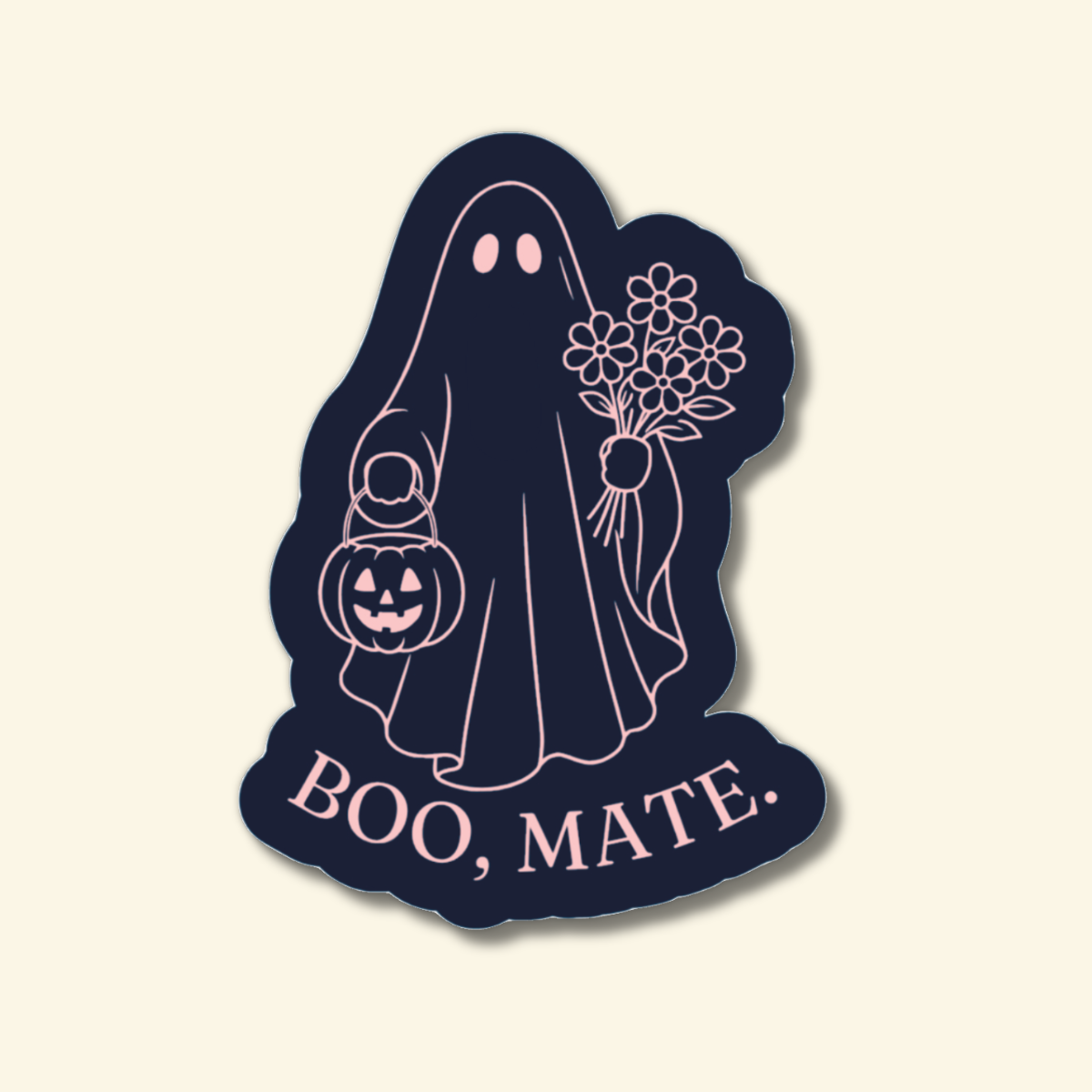 Boo Mate ghost with flowers and pumpkin sticker