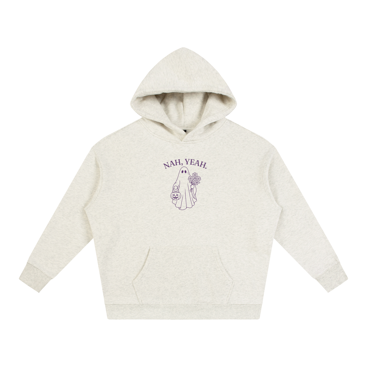 Nah, Yeah oversized hoodie – Oat Gray hoodie with Plum design, front view