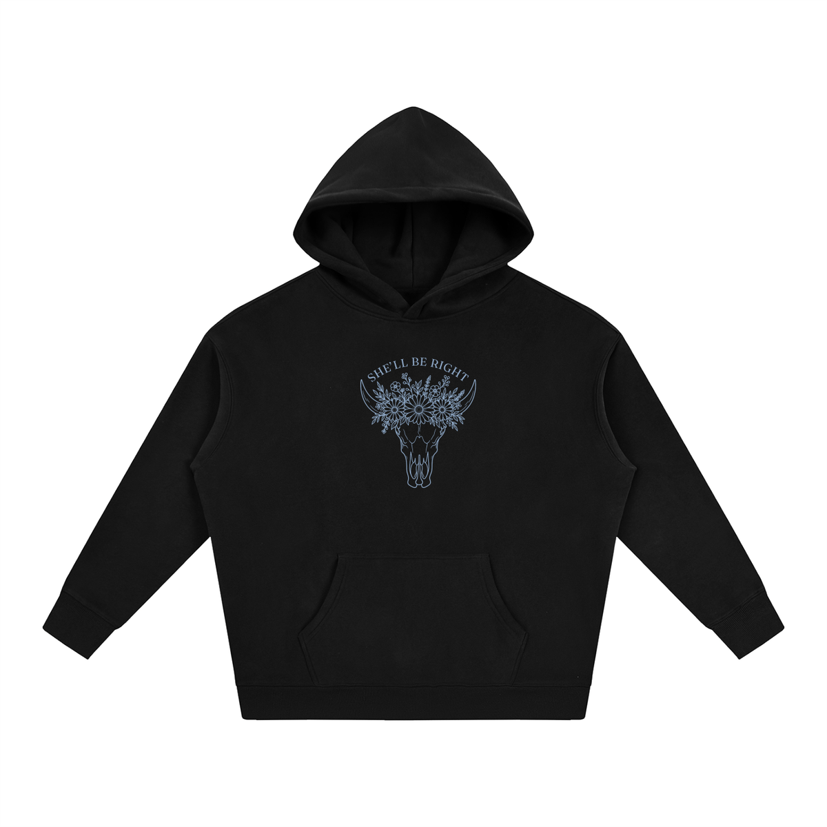 She’ll Be Right oversized hoodie – Black hoodie with Powder Blue design, front view