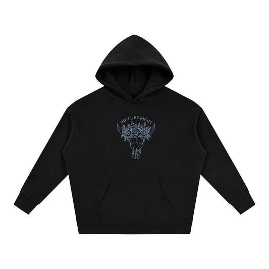 She’ll Be Right oversized hoodie – Black hoodie with Powder Blue design, front view