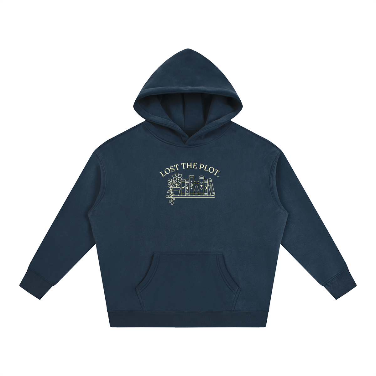 Lost the Plot oversized hoodie – Navy Blue hoodie with Buttercream design, front view