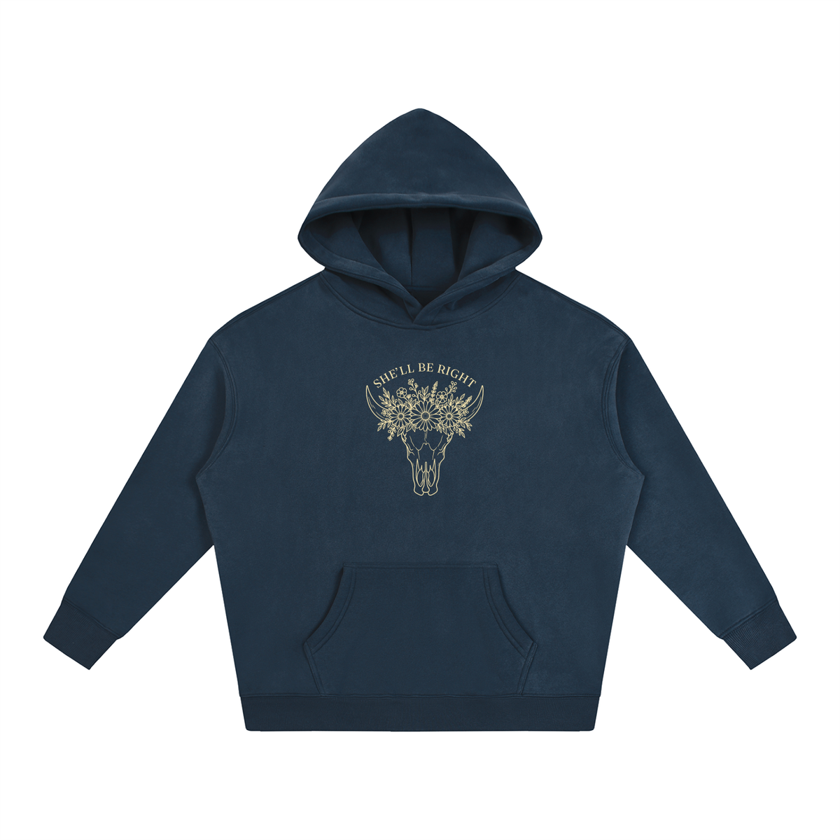 She’ll Be Right oversized hoodie – Navy Blue hoodie with Buttercream design, front view