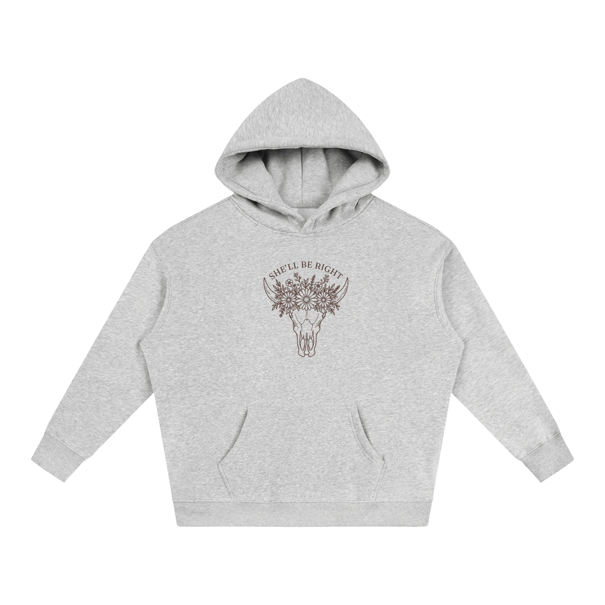 She’ll Be Right oversized hoodie – Flower Gray hoodie with Espresso design, front view