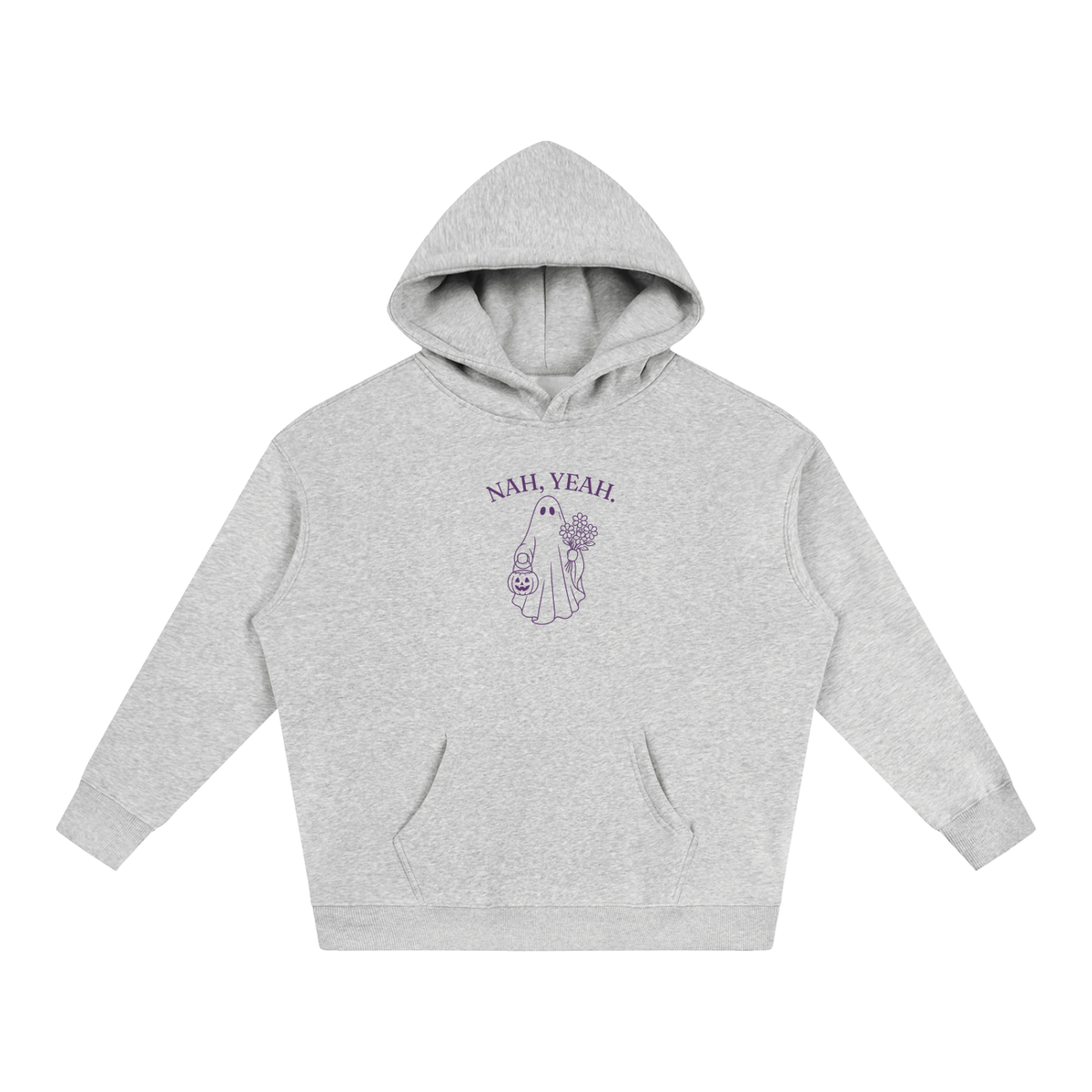 Nah, Yeah oversized hoodie – Flower Gray hoodie with Plum design, front view