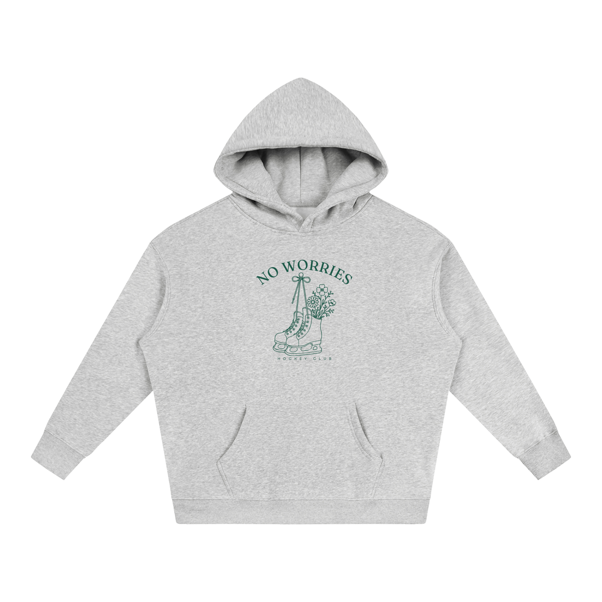 No Worries Hockey Club oversized hoodie – Flower Gray hoodie with Forest Green design, front view