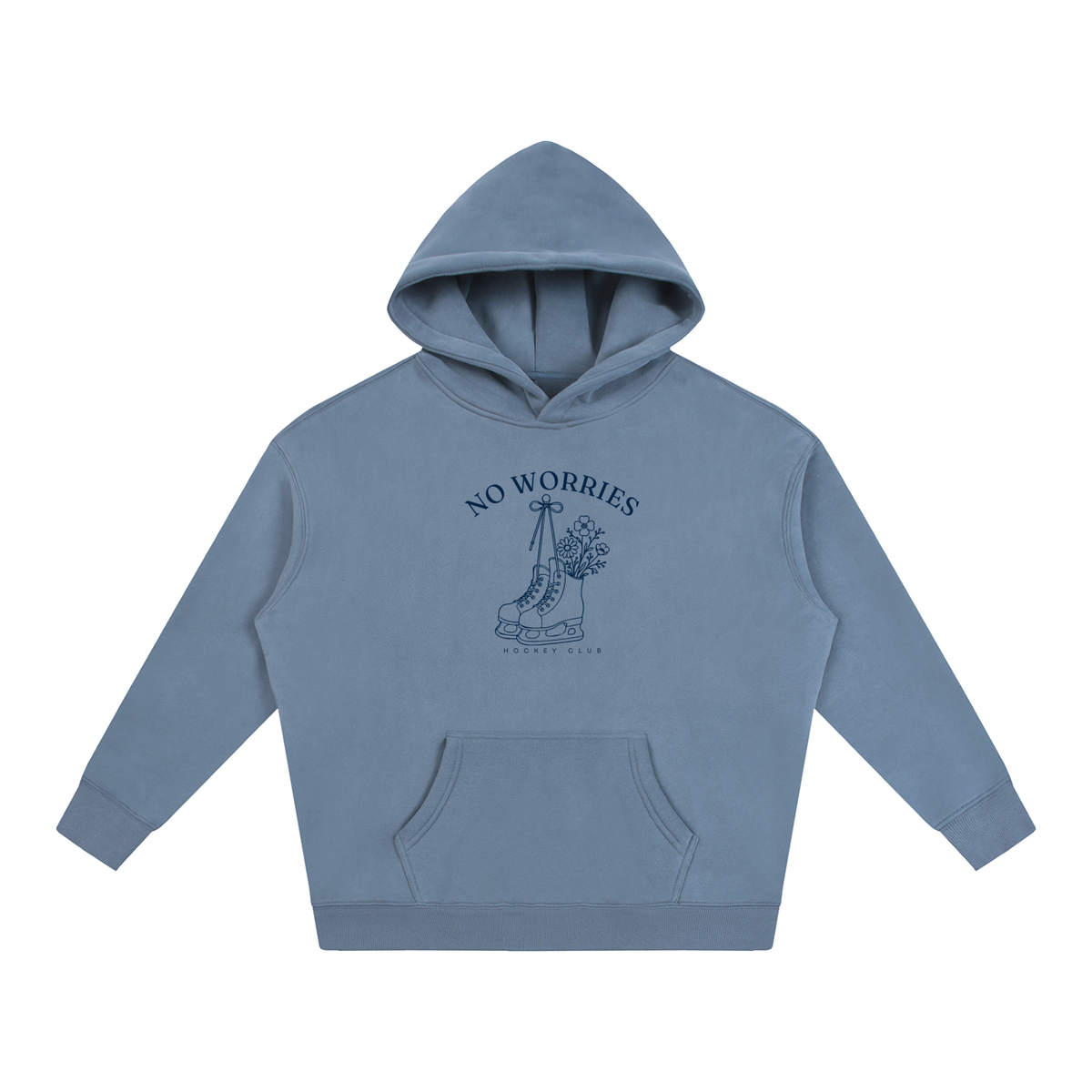 No Worries Hockey Club oversized hoodie – Jeans Blue hoodie with Navy design, front view