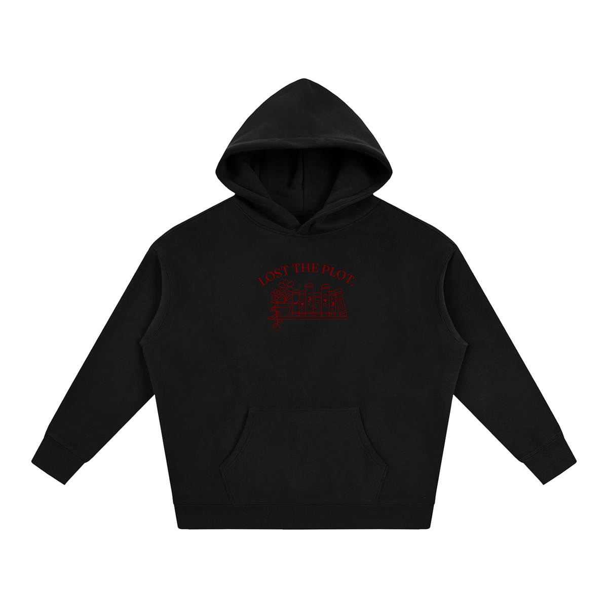 Lost the Plot oversized hoodie – Black hoodie with Maroon design, front view