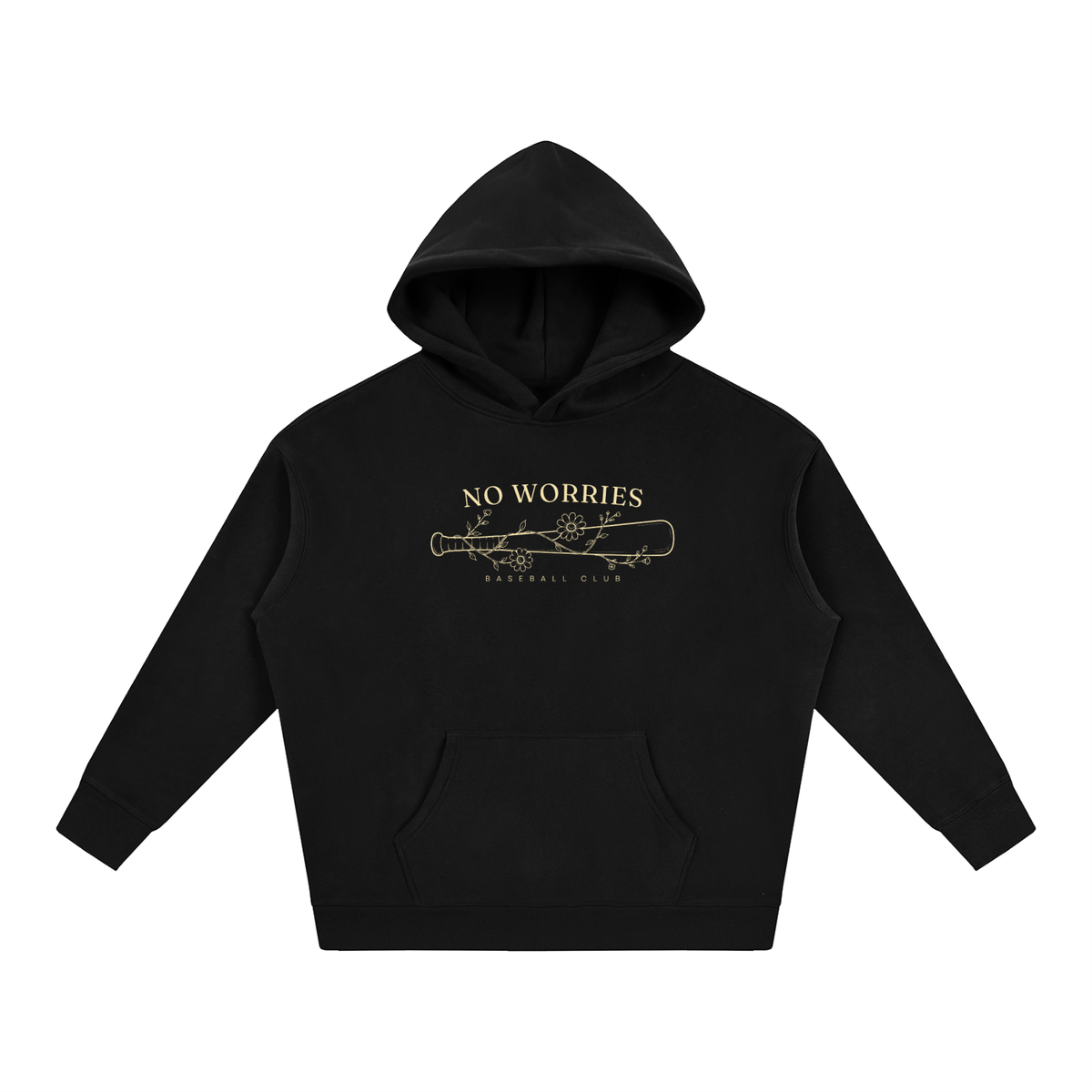 No Worries Baseball Club oversized hoodie – Black hoodie with Buttercream design, front view