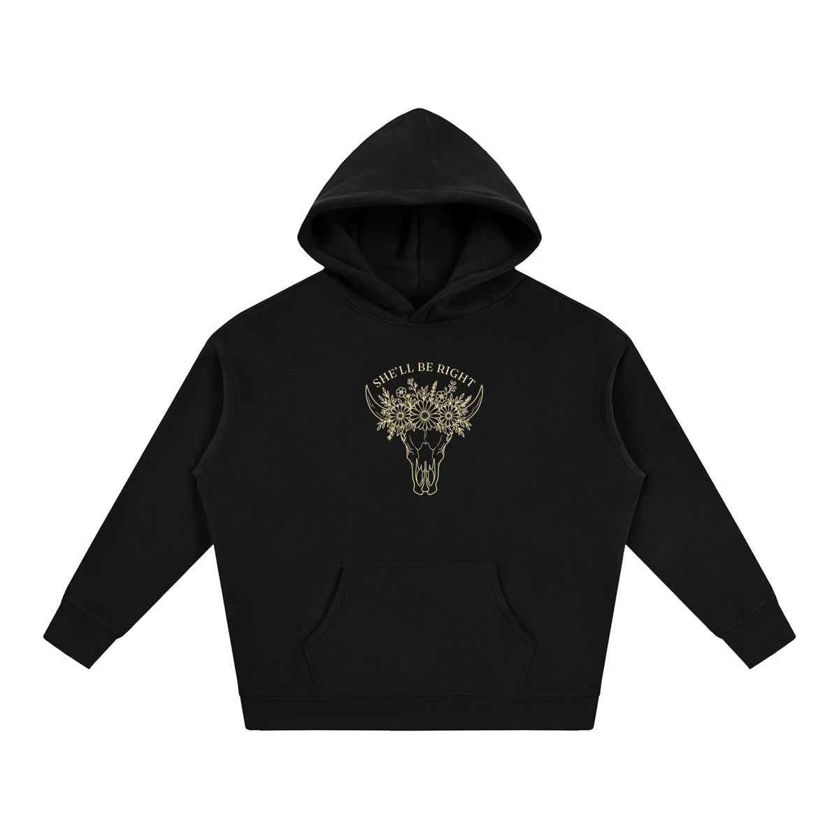 She’ll Be Right oversized hoodie – Black hoodie with Buttercream design, front view