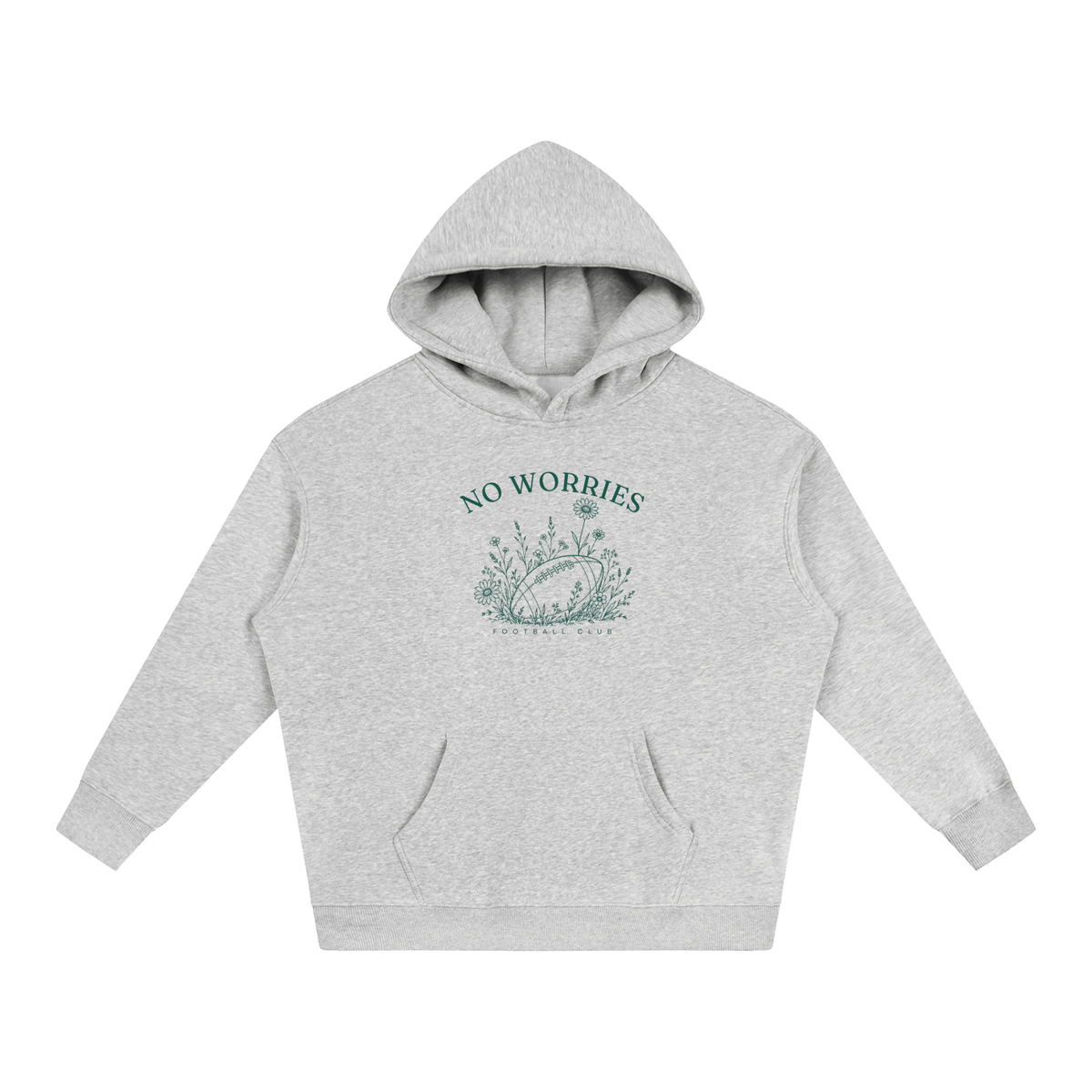 No Worries Football Club oversized hoodie – Flower Gray hoodie with Forest Green design, front view