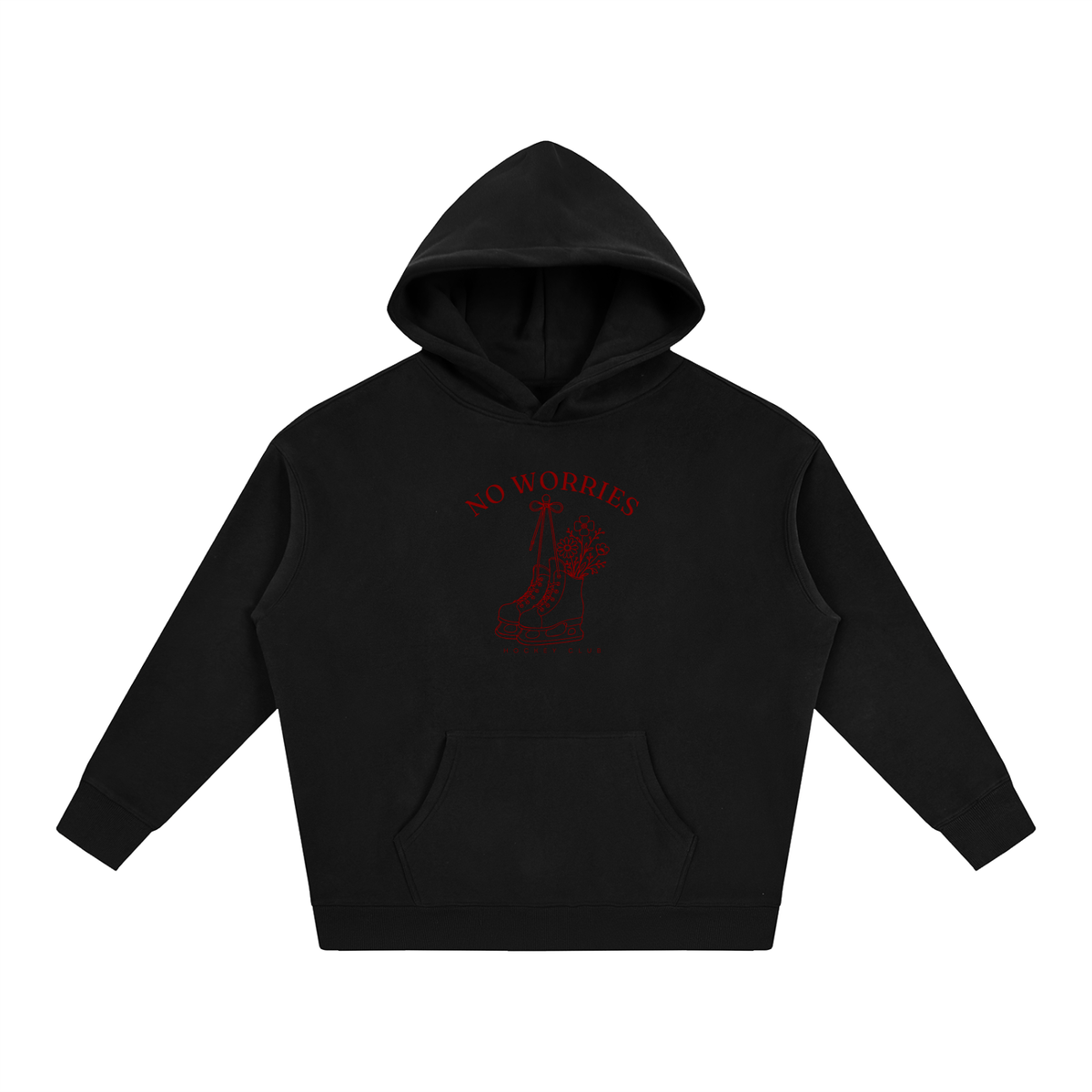 No Worries Hockey Club oversized hoodie – Black hoodie with Maroon design, front view