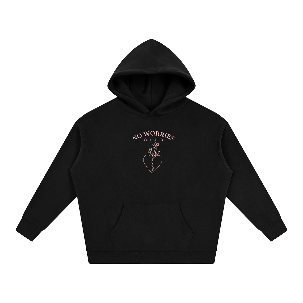 No Worries Club oversized hoodie – Black hoodie with Blush design, front view