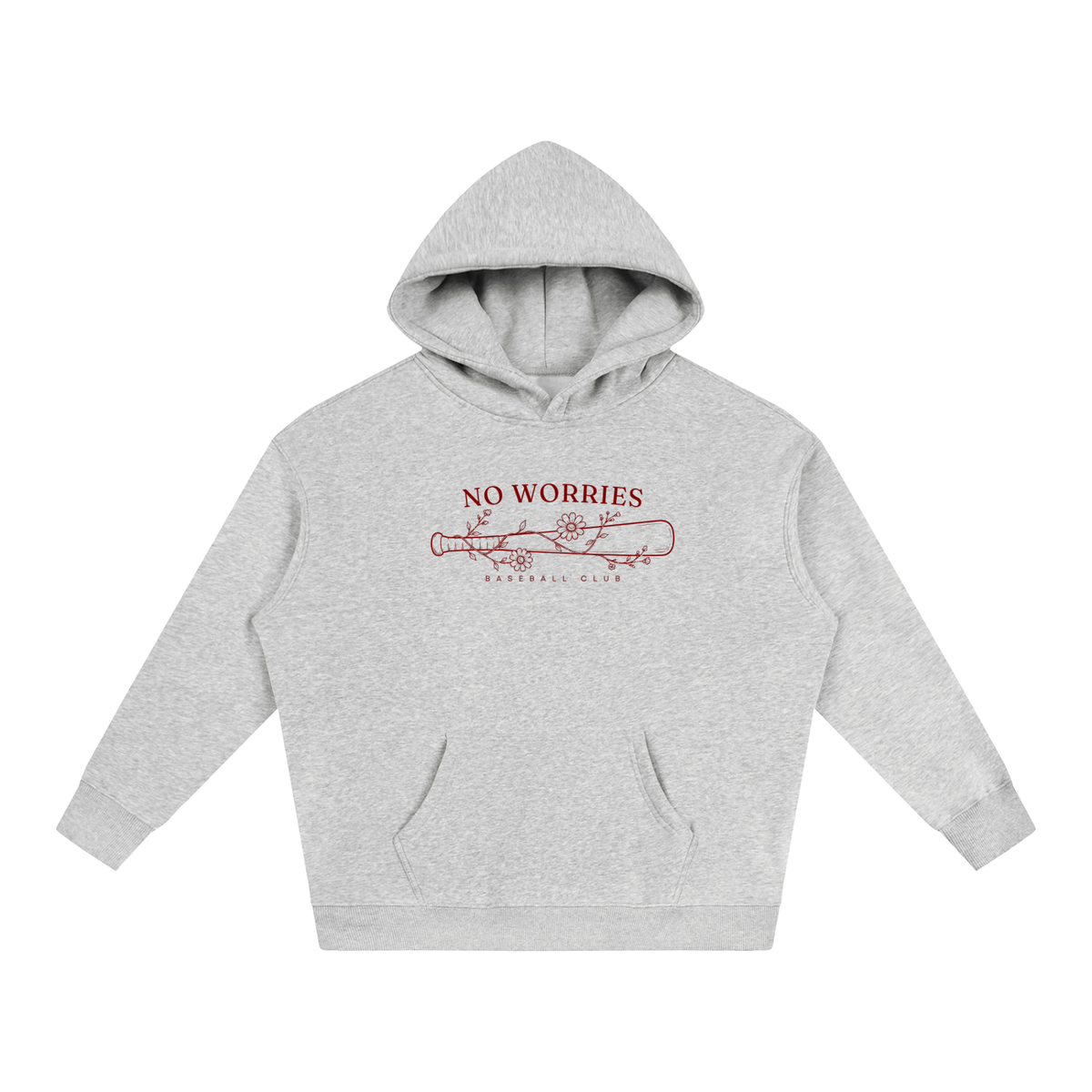 No Worries Baseball Club oversized hoodie – Flower Gray hoodie with Maroon design, front view