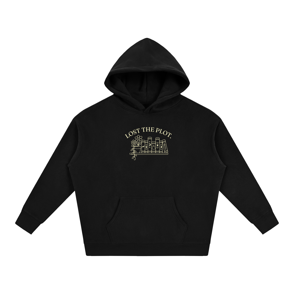Lost the Plot oversized hoodie – Black hoodie with Buttercream design, front view