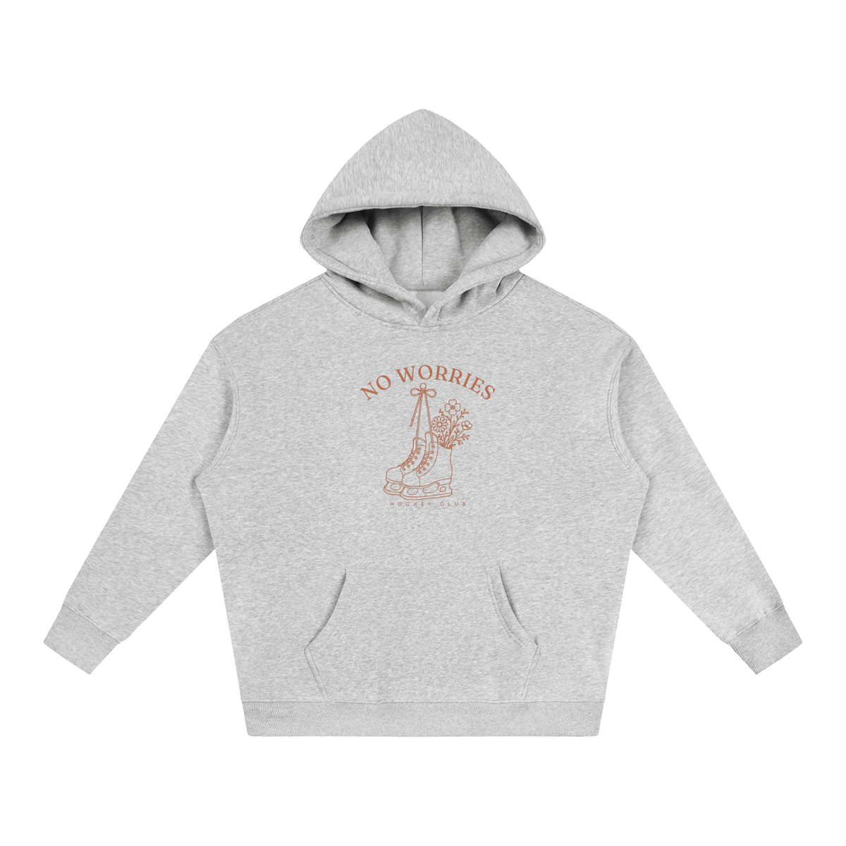 No Worries Hockey Club oversized hoodie – Flower Gray hoodie with Terracotta design, front view