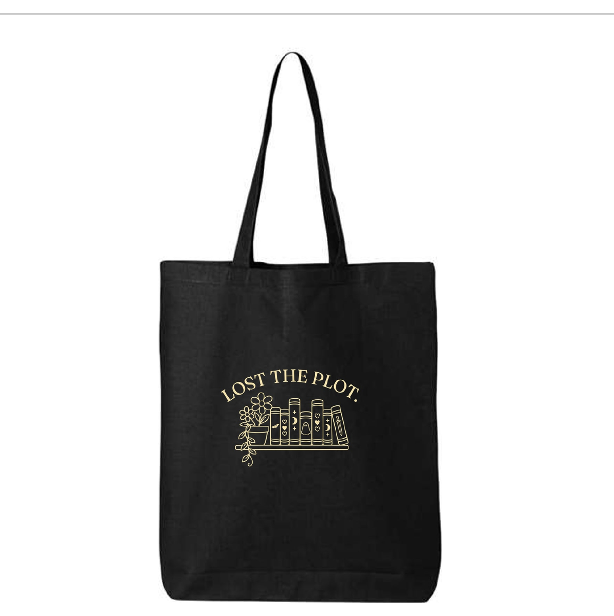 Lost the Plot black 12L tote bag mockup