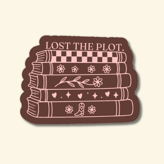 Lost the Plot stacked books sticker in brown and blush